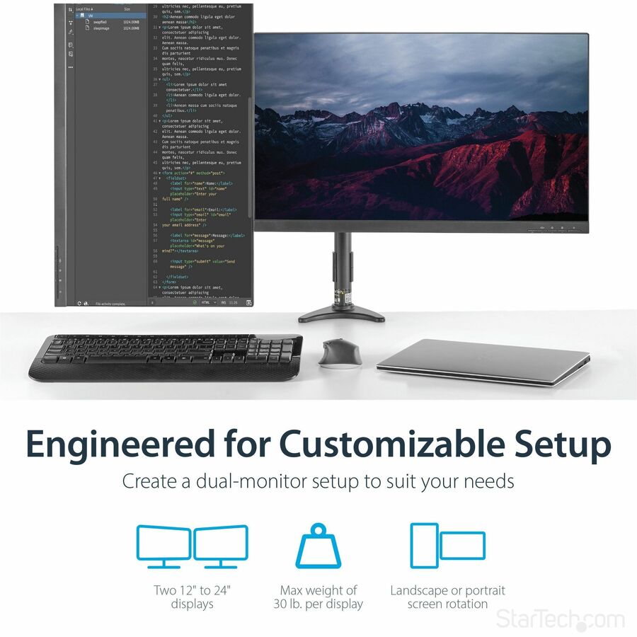 StarTech.com Support de bureau pour écran double, bras articulé pour écran double, hauteur réglable, pour écrans VESA jusqu'à 24 pouces (29,9 lb/13,6 kg) ARMDUAL