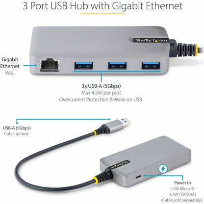 StarTech.com Hub USB 3 ports avec Ethernet, ports USB-A, Gigabit Ethernet/GbE, 5 Gbit/s, alimentation par bus, câble de 30 cm, hub USB pour ordinateur portable 5G3AGBB-USB-A-HUB