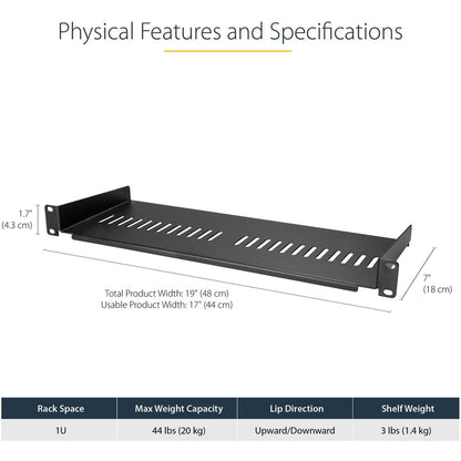 StarTech.com Étagère pour rack de serveur ventilée 1U - Plateau de montage en rack fixe de 17,8 cm de profondeur pour boîtier de données/audiovisuel/réseau de 48,3 cm avec écrous à cage CABSHELF1U7V