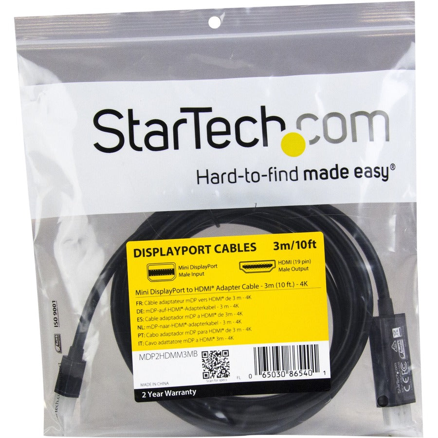 StarTech.com Câble Mini DisplayPort vers HDMI de 3 m (10 pi), vidéo 4K 30 Hz, câble adaptateur/convertisseur Mini DP vers HDMI, moniteur/écran mDP vers HDMI MDP2HDMM3MB