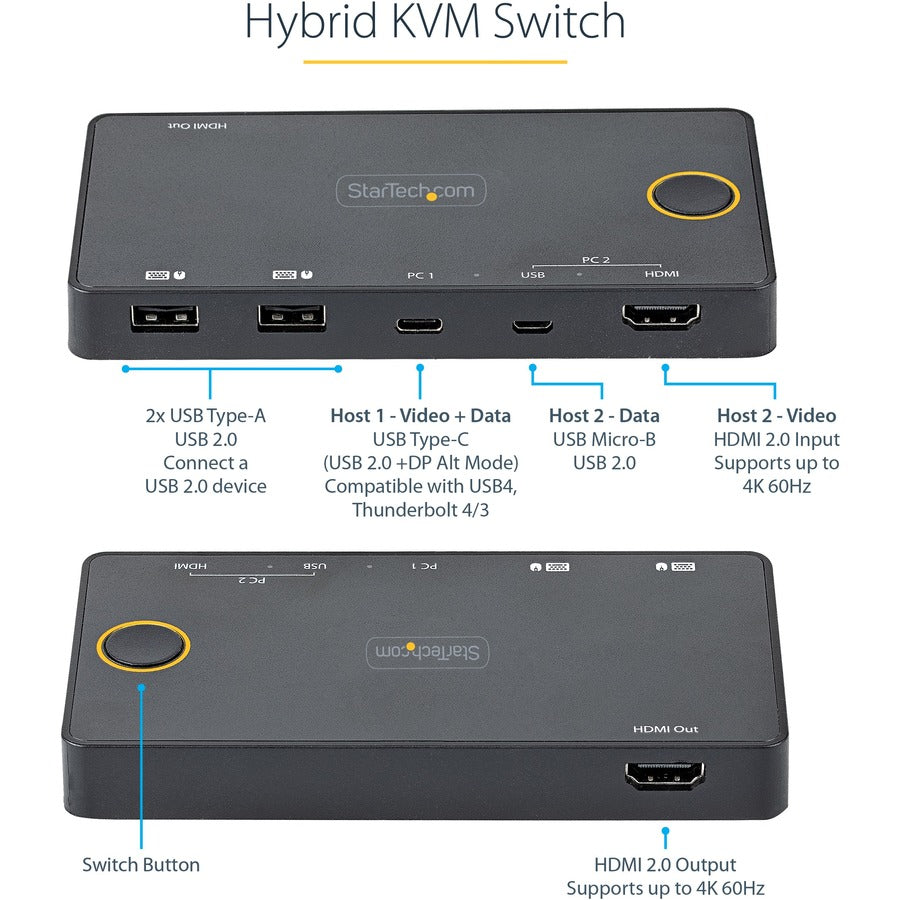 StarTech.com Commutateur KVM hybride USB-A + HDMI et USB-C à 2 ports, écran unique 4K 60 Hz HDMI 2.0, commutateur KVM HDMI compact pour ordinateur de bureau et/ou ordinateur portable SV221HUC4K