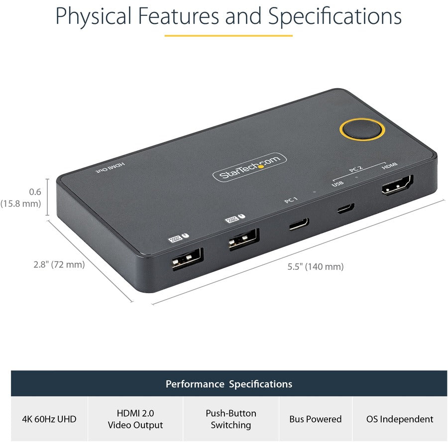 StarTech.com Commutateur KVM hybride USB-A + HDMI et USB-C à 2 ports, écran unique 4K 60 Hz HDMI 2.0, commutateur KVM HDMI compact pour ordinateur de bureau et/ou ordinateur portable SV221HUC4K