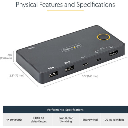 StarTech.com Commutateur KVM hybride USB-A + HDMI et USB-C à 2 ports, écran unique 4K 60 Hz HDMI 2.0, commutateur KVM HDMI compact pour ordinateur de bureau et/ou ordinateur portable SV221HUC4K