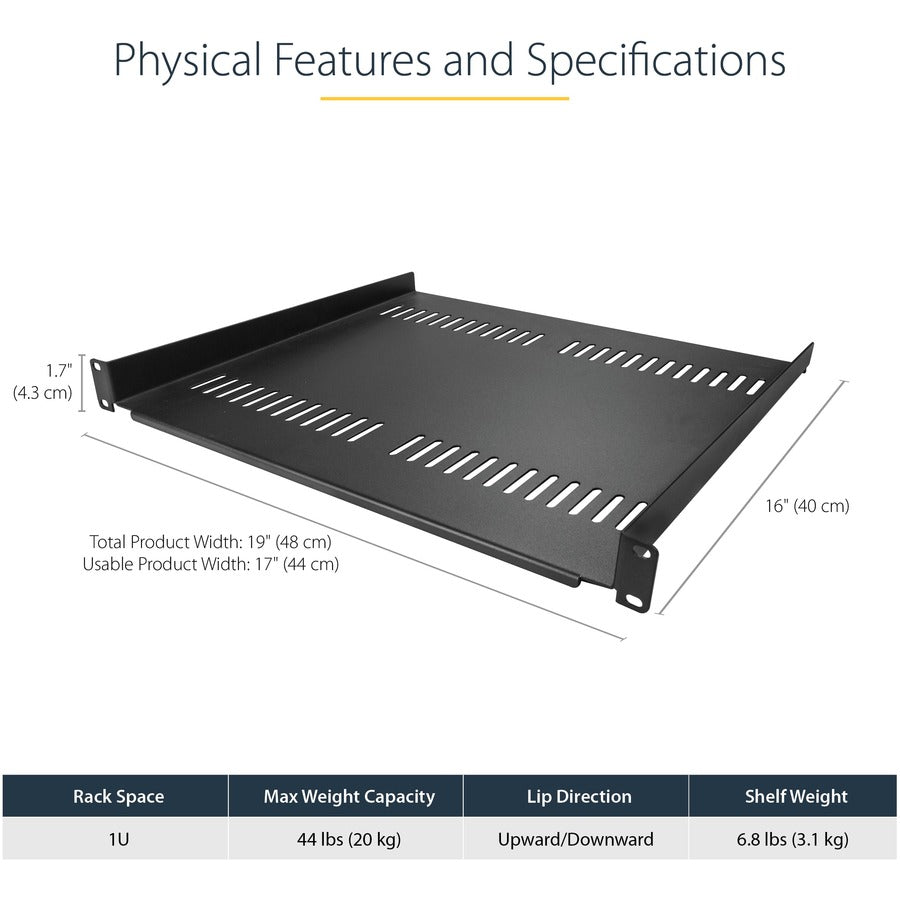 StarTech.com Étagère pour rack de serveur ventilée 1U - Plateau de montage en rack fixe en porte-à-faux de 40,6 cm de profondeur pour boîtier de données/audiovisuel/réseau de 48,3 cm avec écrous à cage CABSHELF116V