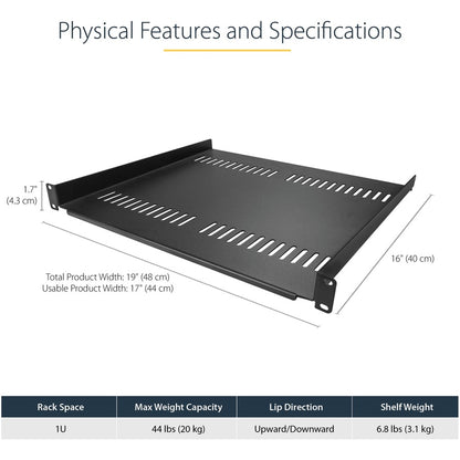 StarTech.com Étagère pour rack de serveur ventilée 1U - Plateau de montage en rack fixe en porte-à-faux de 40,6 cm de profondeur pour boîtier de données/audiovisuel/réseau de 48,3 cm avec écrous à cage CABSHELF116V