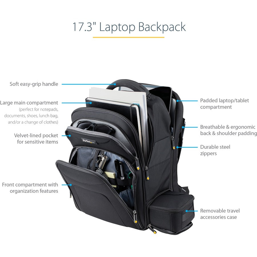 StarTech.com Sac à dos pour ordinateur portable 17,3" avec étui amovible pour accessoires, sac à dos professionnel pour le travail/les voyages/les déplacements, sac d'ordinateur en nylon NTBKBAG173