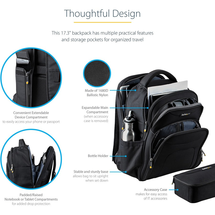 StarTech.com Sac à dos pour ordinateur portable 17,3" avec étui amovible pour accessoires, sac à dos professionnel pour le travail/les voyages/les déplacements, sac d'ordinateur en nylon NTBKBAG173
