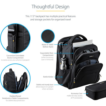 StarTech.com Sac à dos pour ordinateur portable 17,3" avec étui amovible pour accessoires, sac à dos professionnel pour le travail/les voyages/les déplacements, sac d'ordinateur en nylon NTBKBAG173