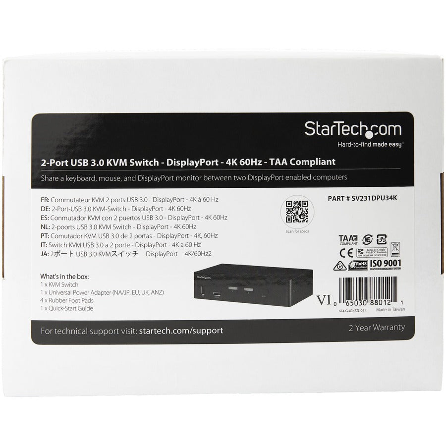 StarTech.com Commutateur KVM DisplayPort à 2 ports - 4K 60 Hz - Écran unique - Commutateur KVM USB UHD DP 1.2 avec hub USB 3.0 et audio - Conforme TAA SV231DPU34K