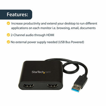 StarTech.com USB 3.0 to Dual HDMI Adapter, 1x 4K & 1x 1080p, External Graphics Card, USB Type-A Dual Monitor Display Adapter, Windows Only USB32HD2