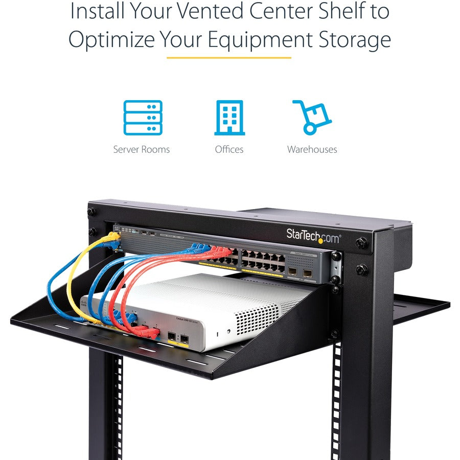 StarTech.com Étagère pour rack de serveur ventilée 2U - Plateau de montage en rack en porte-à-faux fixe de 35,6 cm de profondeur pour données/audiovisuel/réseau de 48,3 cm avec écrous à cage SHELF-2U-14-CENTER-V