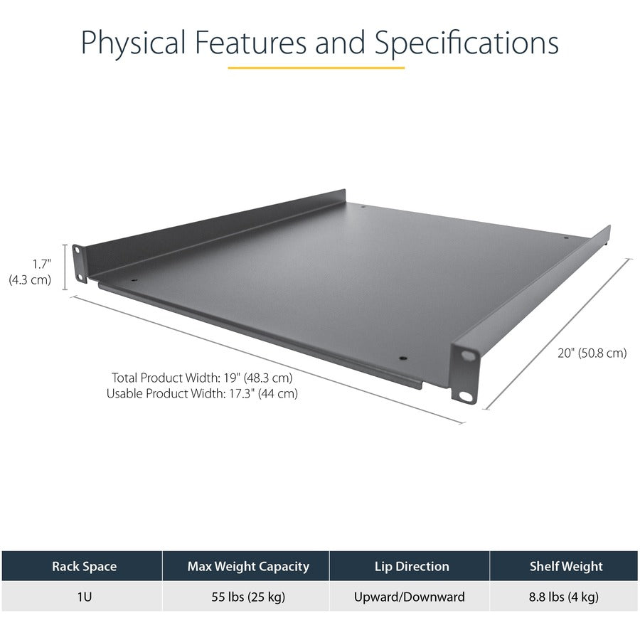 StarTech.com Étagère pour rack de serveur 1U - Plateau de montage en rack cantilever fixe de 50,8 cm de profondeur pour boîtier de données/audiovisuel/réseau de 48,3 cm avec écrous à cage et vis SHELF-1U-20-FIXED-S