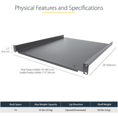 StarTech.com Étagère pour rack de serveur 1U - Plateau de montage en rack cantilever fixe de 50,8 cm de profondeur pour boîtier de données/audiovisuel/réseau de 48,3 cm avec écrous à cage et vis SHELF-1U-20-FIXED-S