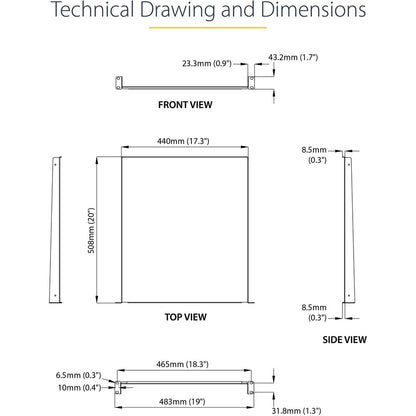 StarTech.com Étagère pour rack de serveur 1U - Plateau de montage en rack cantilever fixe de 50,8 cm de profondeur pour boîtier de données/audiovisuel/réseau de 48,3 cm avec écrous à cage et vis SHELF-1U-20-FIXED-S