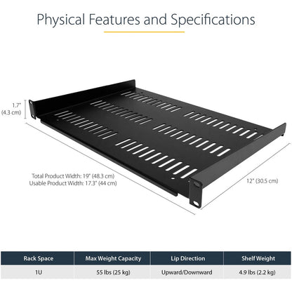 StarTech.com Étagère pour rack de serveur ventilée 1U - Plateau de montage en rack cantilever fixe de 30,5 cm de profondeur pour boîtier de données/audiovisuel/réseau de 48,3 cm avec écrous à cage SHELF-1U-12-FIXED-V