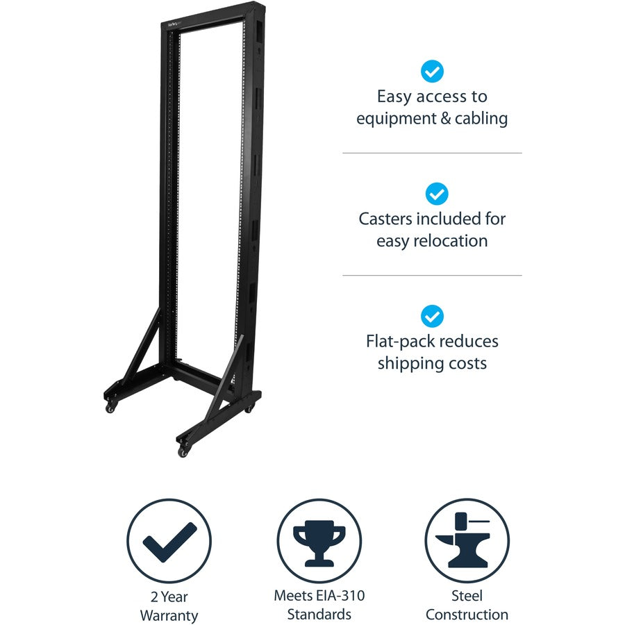 StarTech.com Rack de serveur mobile à cadre ouvert 42U à 2 montants, rack réseau à deux montants de 19 pouces avec roulettes, rack ouvert roulant pour équipement AV/données/informatique 2POSTRACK42