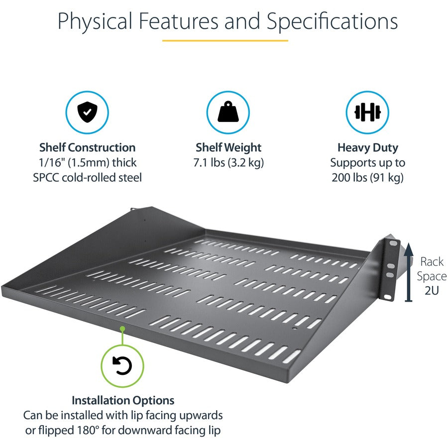 StarTech.com Étagère pour rack de serveur ventilée 2U - Plateau de montage en rack cantilever fixe de 50,8 cm de profondeur pour données/audiovisuel/réseau de 48,3 cm avec écrous à cage SHELF-2U-20-CENTER-V