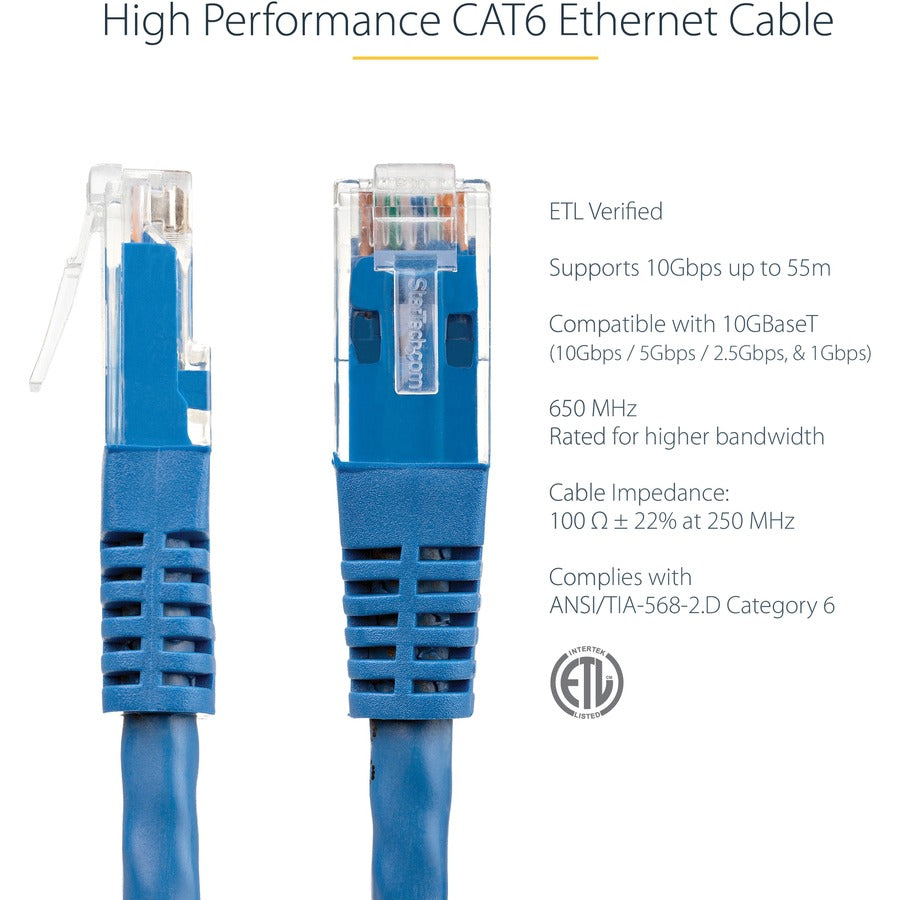 Câble Ethernet CAT6 StarTech.com de 6 m - Gigabit moulé bleu - 100 W PoE UTP 650 MHz - Cordon de raccordement de catégorie 6 Câblage certifié UL/TIA C6PATCH20BL