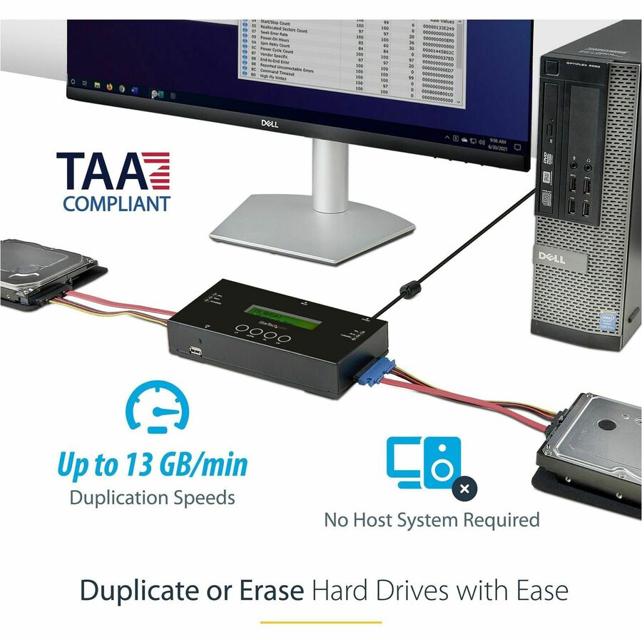 StarTech.com Duplicateur et effaceur de disque dur autonome 1:1, cloneur/copieur de disque dur/SSD SAS/SATA et effaceur/désinfecteur/nettoyeur de disque, sans outil SATSASDUPE11