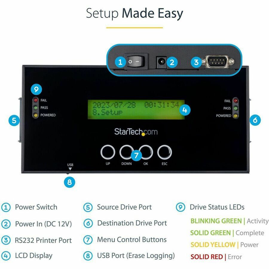 StarTech.com Duplicateur et effaceur de disque dur autonome 1:1, cloneur/copieur de disque dur/SSD SAS/SATA et effaceur/désinfecteur/nettoyeur de disque, sans outil SATSASDUPE11