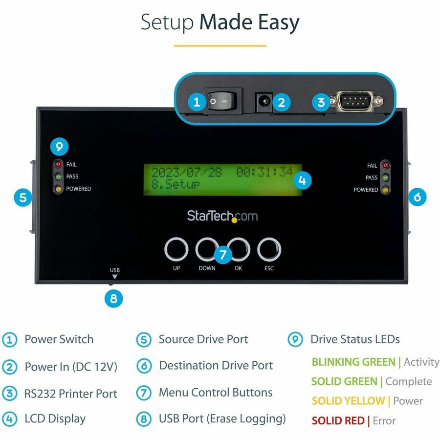 StarTech.com Duplicateur et effaceur de disque dur autonome 1:1, cloneur/copieur de disque dur/SSD SAS/SATA et effaceur/désinfecteur/nettoyeur de disque, sans outil SATSASDUPE11
