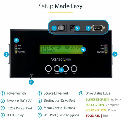 StarTech.com Duplicateur et effaceur de disque dur autonome 1:1, cloneur/copieur de disque dur/SSD SAS/SATA et effaceur/désinfecteur/nettoyeur de disque, sans outil SATSASDUPE11