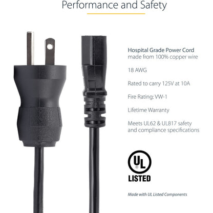 StarTech.com Cordon d'alimentation de qualité hospitalière de 3 m, 18 AWG, NEMA 5-15P vers C13, 10 A 125 V, câble d'alimentation médical Green Dot, câble d'alimentation pour moniteur PXTMG10110