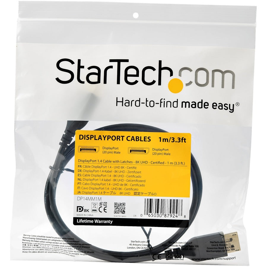 Câble DisplayPort 1.4 certifié VESA de 1 m de StarTech.com - 8K 60 Hz HBR3 HDR - 0,9 m Super UHD 4K 120 Hz - Câble de moniteur vidéo mince DP vers DP M/M DP14MM1M
