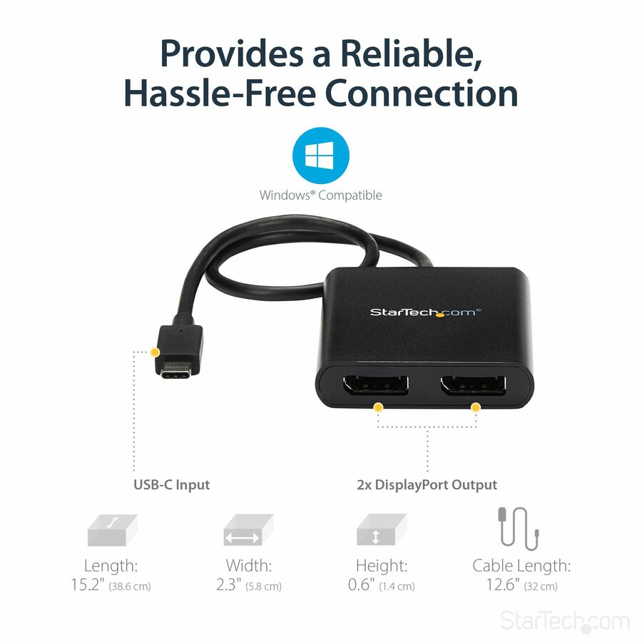 StarTech.com USB-C to Dual DisplayPort 1.2 Adapter, USB Type-C Multi-Monitor MST Hub, Dual 4K 30Hz DP Display Extender/Splitter, Windows MSTCDP122DP