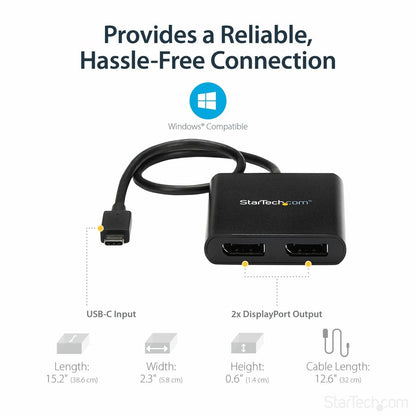 StarTech.com USB-C to Dual DisplayPort 1.2 Adapter, USB Type-C Multi-Monitor MST Hub, Dual 4K 30Hz DP Display Extender/Splitter, Windows MSTCDP122DP