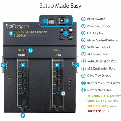 StarTech.com Standalone Dual Bay M.2 SATA/NVMe Duplicator/Eraser, HDD/SSD Cloner/Wiper, M.2 PCIe/AHCI, Hard Drive Sanitizer/Copier, TAA SM2DUPE11