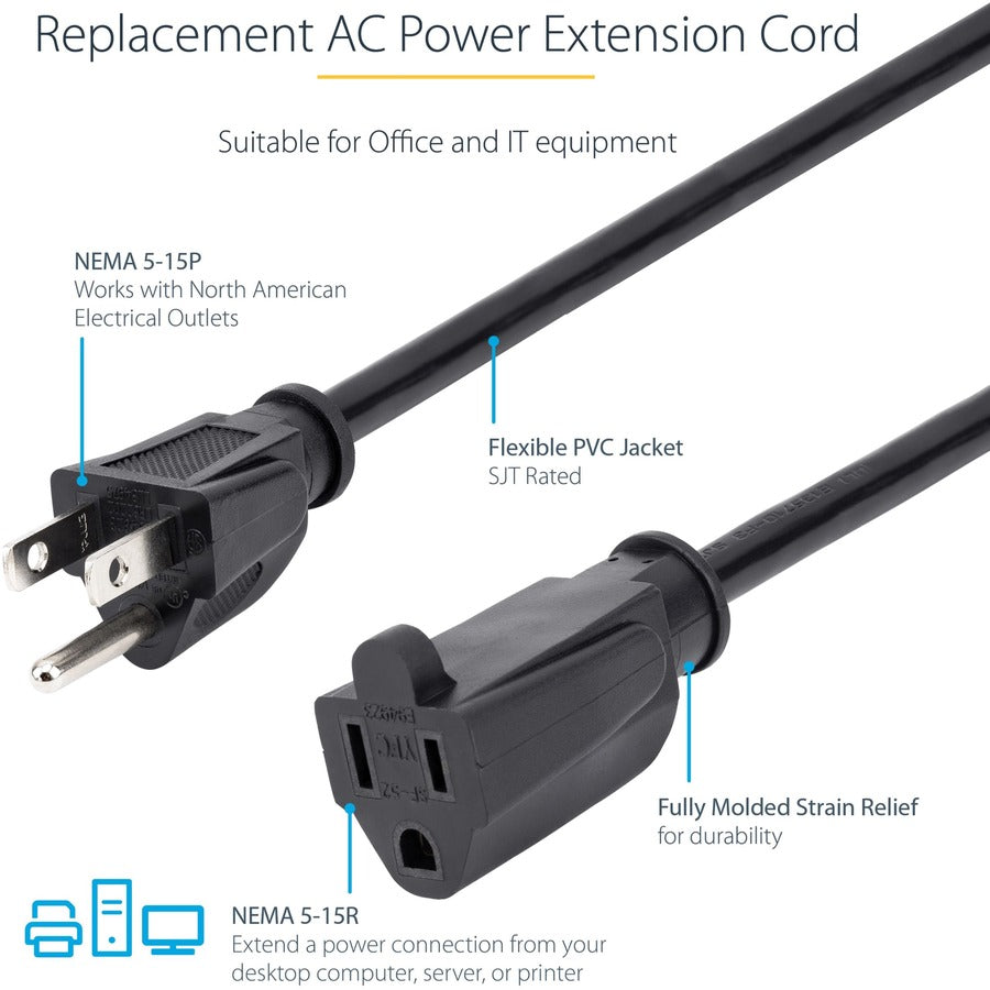 StarTech.com Rallonge courte de 0,3 m (1 pi), cordon d'extension noir NEMA5-15R vers NEMA5-15P, 13 A 125 V, 16 AWG, câble d'extension d'alimentation pour ordinateur PAC101