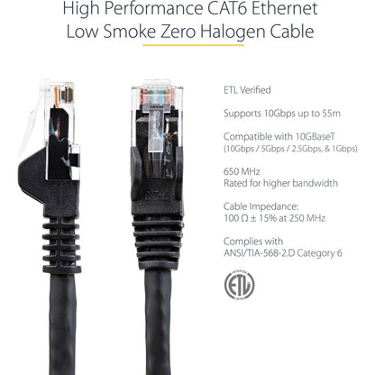 Câble Ethernet CAT6 StarTech.com de 15 m (50 pi), LSZH (faible émission de fumée et zéro halogène) 10 GbE anti-accroc 100 W PoE UTP RJ45, cordon de raccordement réseau noir, ETL N6LPATCH50BK