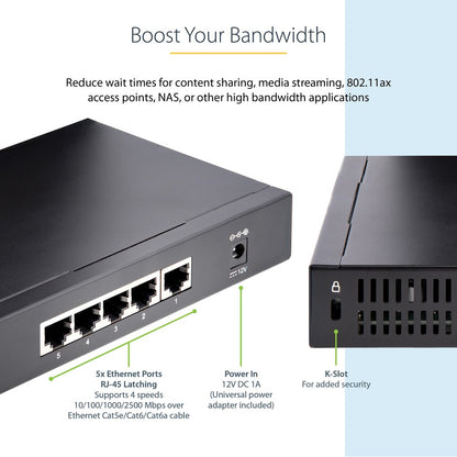 StarTech.com Commutateur Ethernet non géré 2,5 G, 5 ports 2,5 GBASE-T, kit de montage mural, compatible avec les appareils 10/100/1000 Mbps DS52000