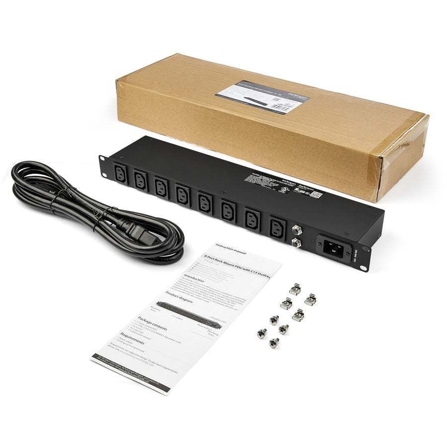 StarTech.com PDU 1U 19" 8 ports pour montage en rack, bloc d'alimentation/multiprise pour montage en rack à prise IEC C13, parasurtenseur pour rack de serveur horizontal 16 A 240 V PDU08C13H