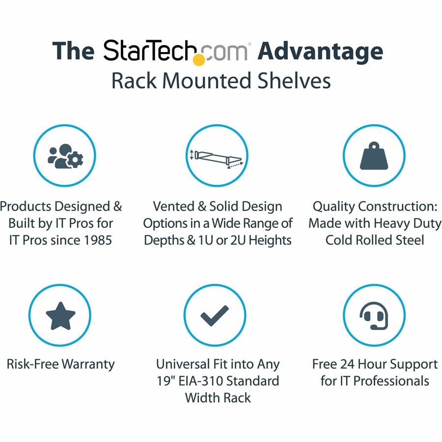 StarTech.com Étagère de montage en rack ventilée 2U 22 pouces - Plateau de montage en rack anti-levier fixe de 22 pouces de profondeur pour étagère d'armoire de serveur - 50 lb / 23 kg CABSHELF22V