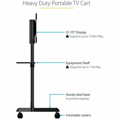 StarTech.com Mobile TV Cart, Support TV portable à roulettes, Support d'écran VESA 37-70 pouces (154 lb/70 kg), Étagère et rangement, Écran rotatif/inclinable MBLTVSTNDEC