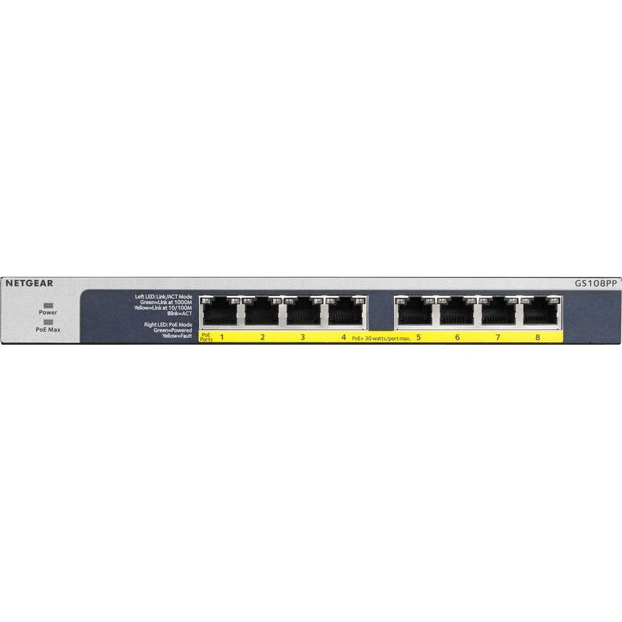 Commutateur non géré Gigabit Ethernet PoE+ à 8 ports Netgear (GS108PP) GS108PP-100NAS
