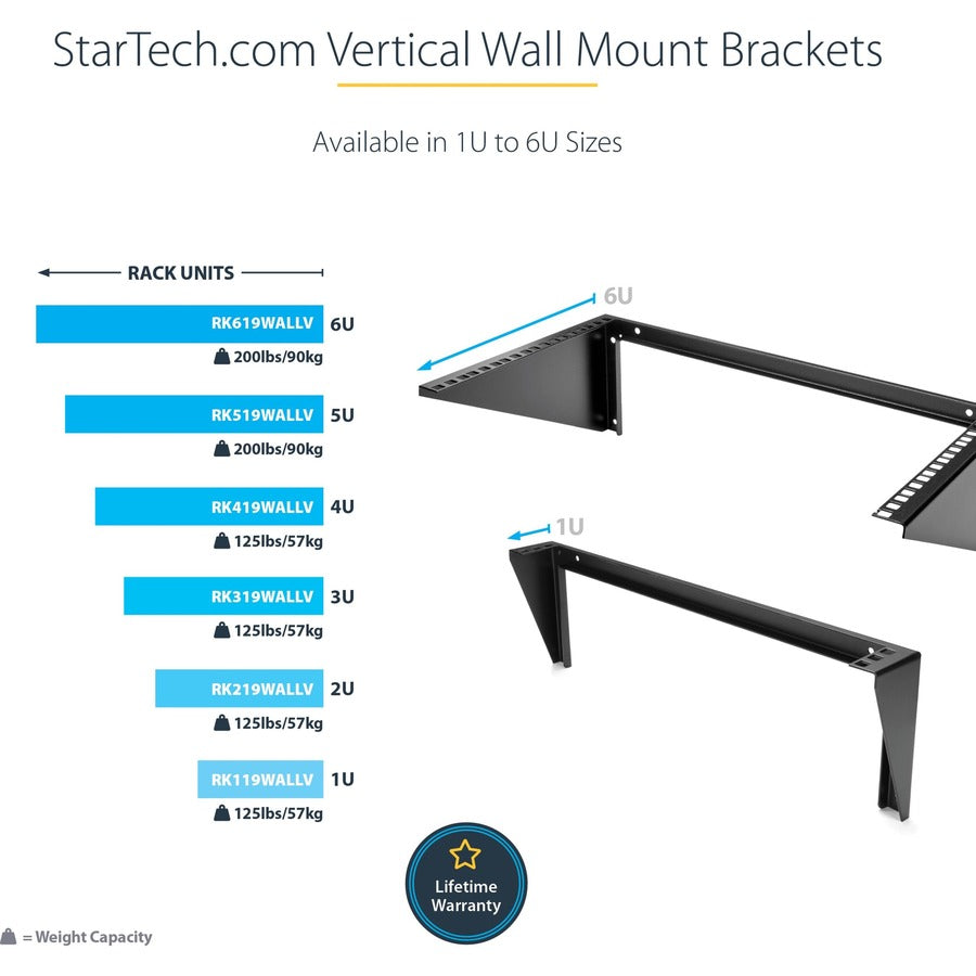 Support mural vertical en acier 2U 19 pouces pour rack d'équipement StarTech.com RK219WALLV