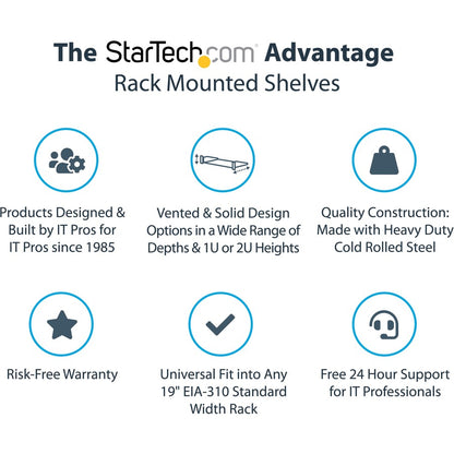 StarTech.com Étagère pour rack de serveur 1U - Plateau de montage en rack cantilever fixe de 25,4 cm de profondeur pour boîtier de données/AV/réseau de 48,3 cm avec écrous à cage, vis CABSHELF1U10