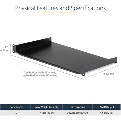 StarTech.com Étagère pour rack de serveur 1U - Plateau de montage en rack cantilever fixe de 25,4 cm de profondeur pour boîtier de données/AV/réseau de 48,3 cm avec écrous à cage, vis CABSHELF1U10