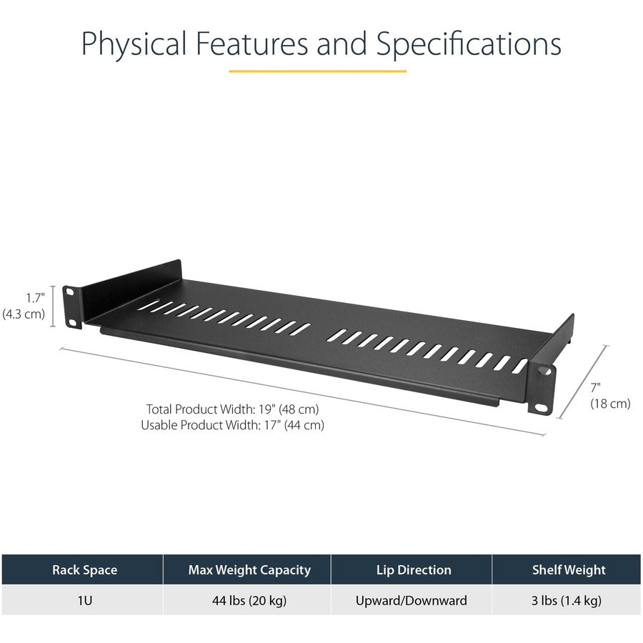 StarTech.com Étagère pour rack de serveur ventilée 1U - Plateau de montage en rack fixe de 17,8 cm de profondeur pour boîtier de données/audiovisuel/réseau de 48,3 cm avec écrous à cage CABSHELF1U7V