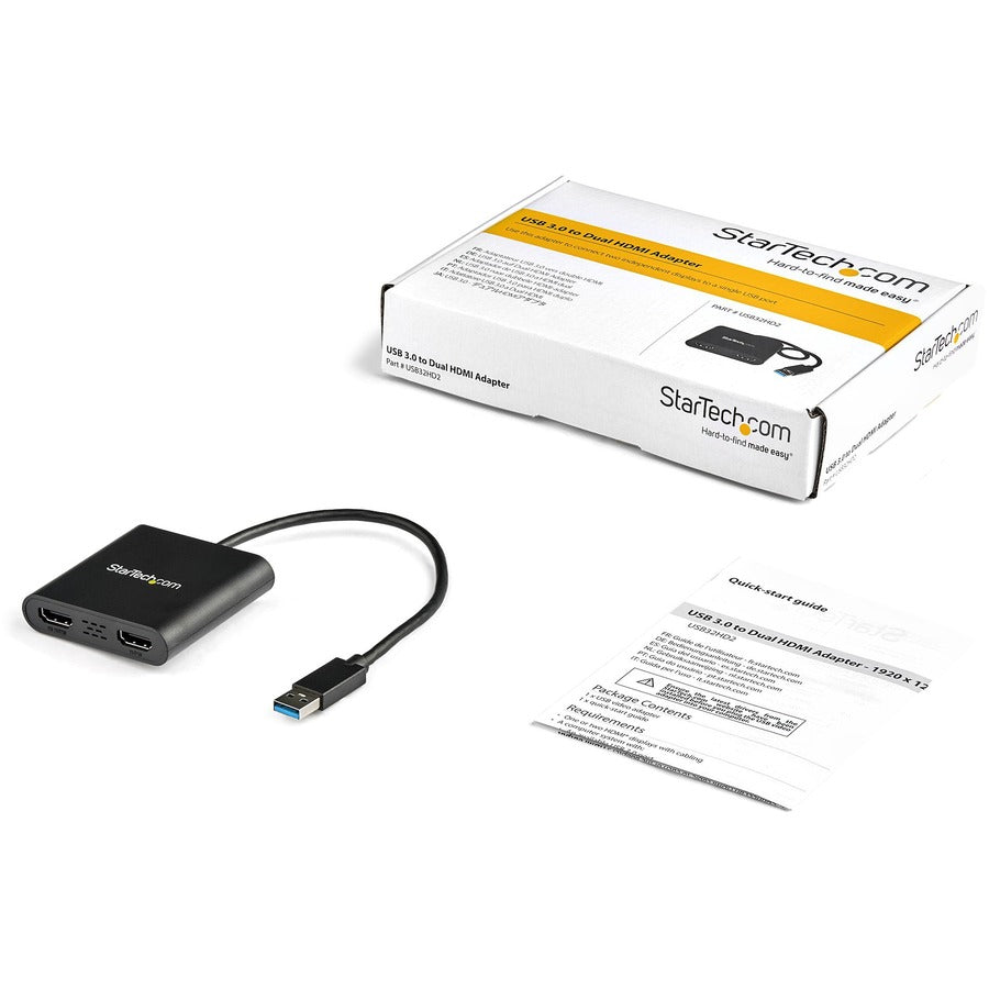StarTech.com USB 3.0 to Dual HDMI Adapter, 1x 4K & 1x 1080p, External Graphics Card, USB Type-A Dual Monitor Display Adapter, Windows Only USB32HD2