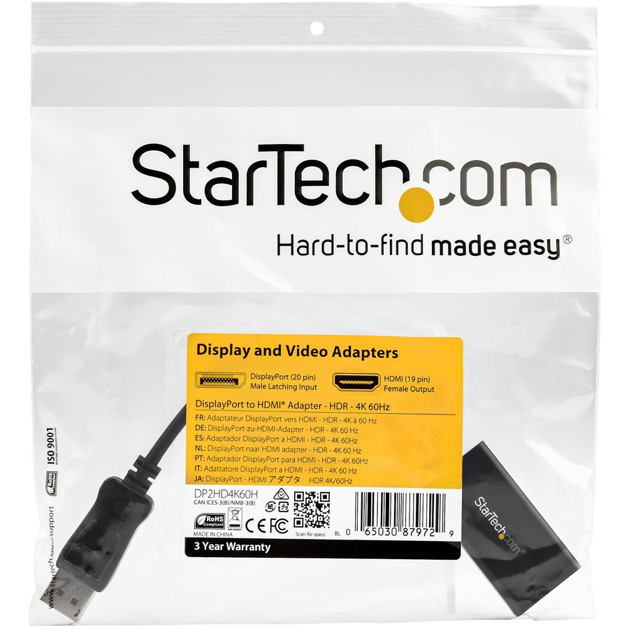 Adaptateur StarTech.com DisplayPort vers HDMI, convertisseur actif 4K 60 Hz HDR10 DisplayPort 1.4 vers HDMI 2.0b, connecteur DP verrouillable, DP vers HDMI DP2HD4K60H