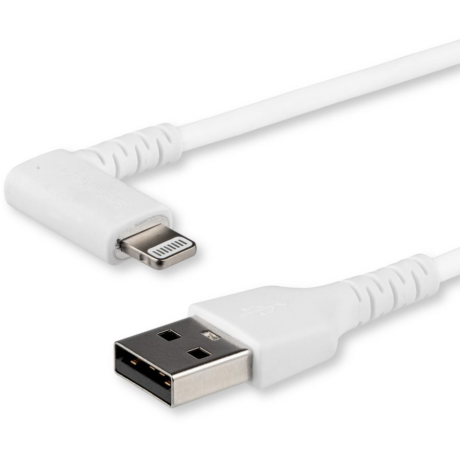 StarTech.com Câble USB A vers Lightning de 1 m pour iPhone iPad, cordon de charge durable à angle droit de 90 degrés, blanc avec fibre aramide, certifié Apple MFI RUSBLTMM1MWR