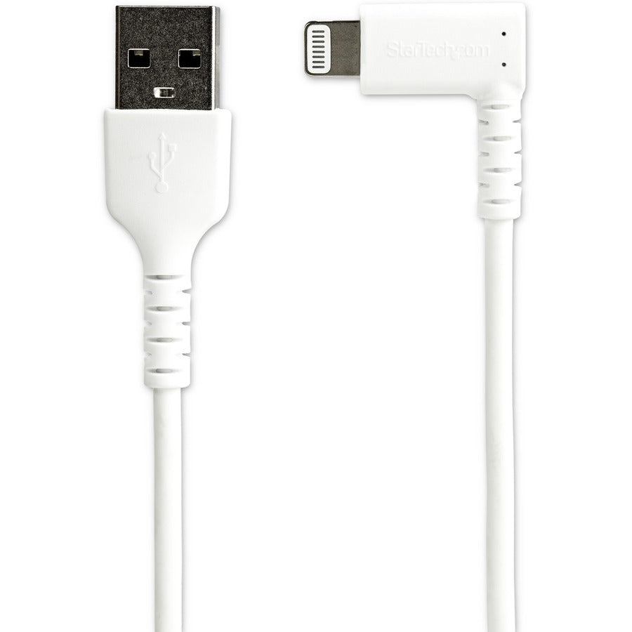 StarTech.com Câble USB A vers Lightning de 1 m pour iPhone iPad, cordon de charge durable à angle droit de 90 degrés, blanc avec fibre aramide, certifié Apple MFI RUSBLTMM1MWR