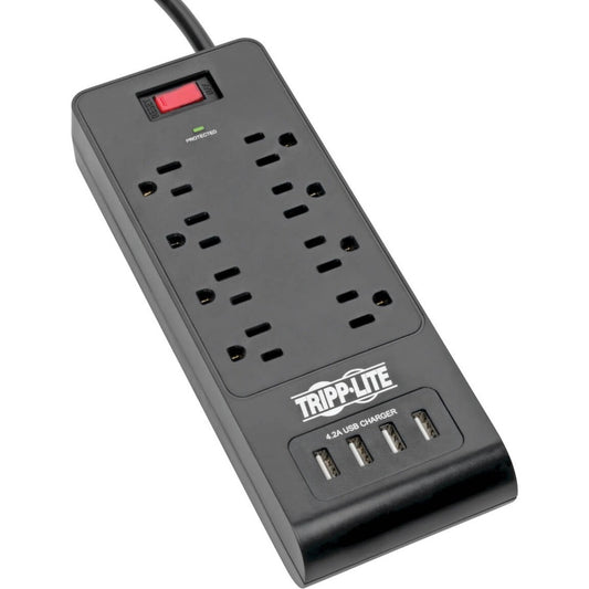 Multiprise avec parasurtenseur Tripp Lite 8 prises 4 ports USB Cordon de 1,8 m Noir - 8 x NEMA 5-15R, 4 x USB - 1875 VA - 1800 J - Entrée 120 V CA TLP864USBB