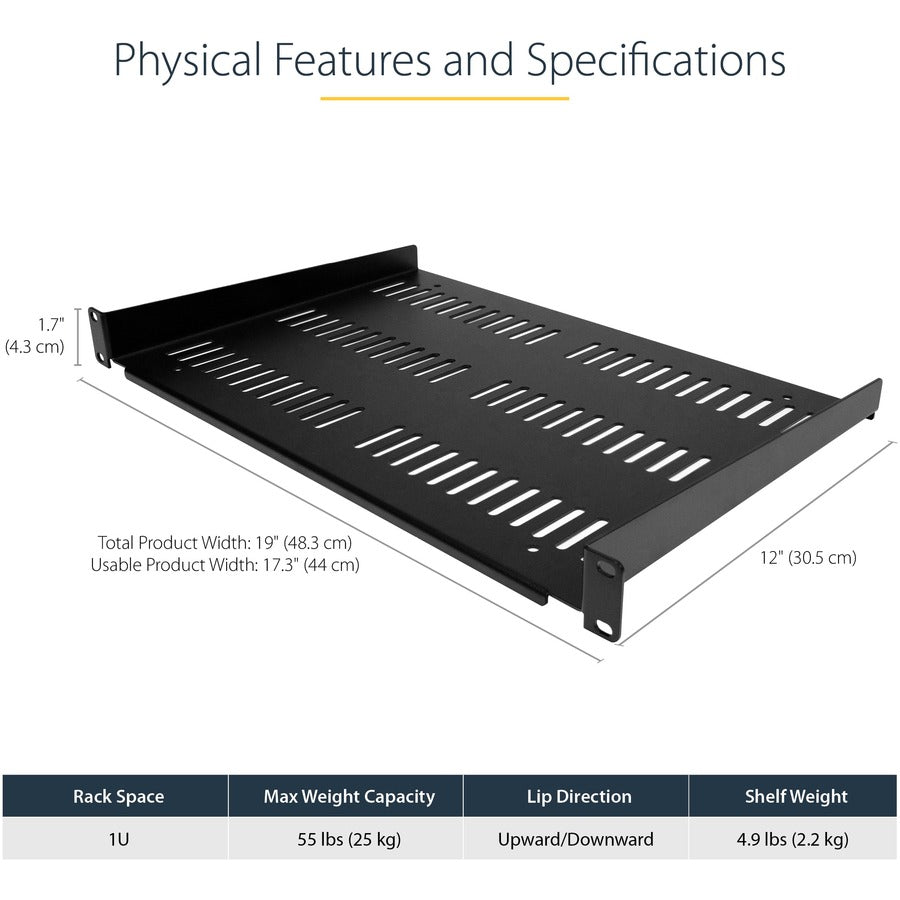 StarTech.com Étagère pour rack de serveur ventilée 1U - Plateau de montage en rack cantilever fixe de 30,5 cm de profondeur pour boîtier de données/audiovisuel/réseau de 48,3 cm avec écrous à cage SHELF-1U-12-FIXED-V