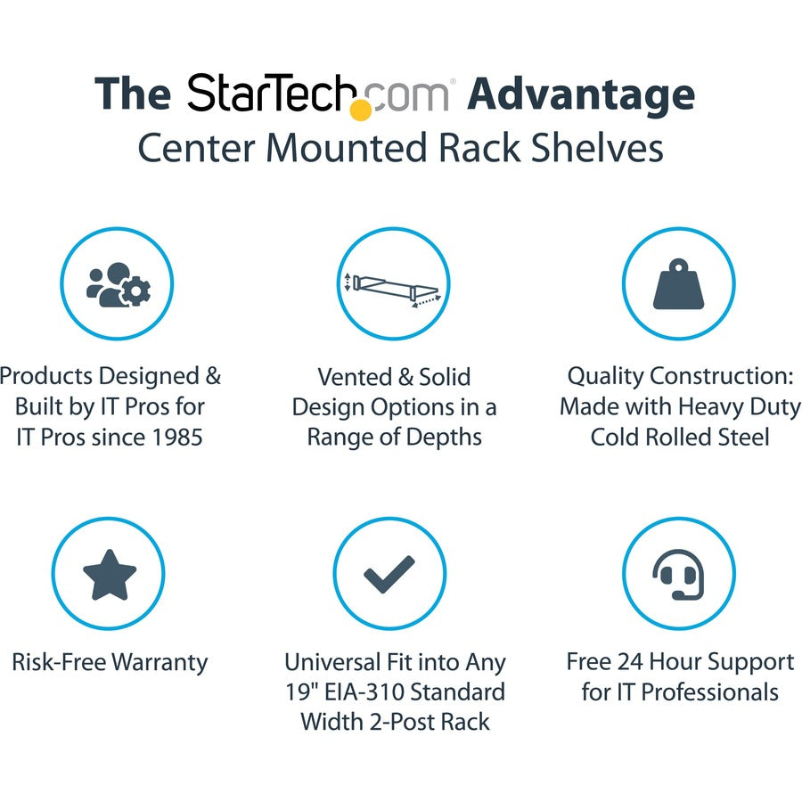 StarTech.com Étagère pour rack de serveur ventilée 2U - Plateau de montage en rack en porte-à-faux fixe de 35,6 cm de profondeur pour données/audiovisuel/réseau de 48,3 cm avec écrous à cage SHELF-2U-14-CENTER-V