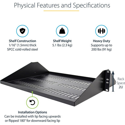 StarTech.com Étagère pour rack de serveur ventilée 2U - Plateau de montage en rack en porte-à-faux fixe de 35,6 cm de profondeur pour données/audiovisuel/réseau de 48,3 cm avec écrous à cage SHELF-2U-14-CENTER-V